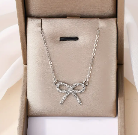 Bow Rhinestone Necklace- Silver