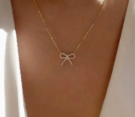 Bow Rhinestone Necklace- Golden